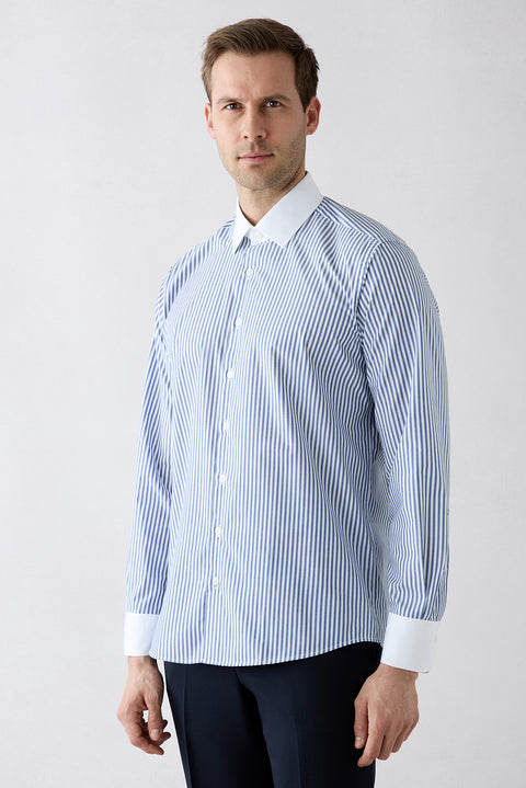 Dark Blue Long Sleeve Regular Fit Half Italian Collar Contrast White Collar Striped Cotton Easy Iron Shirt