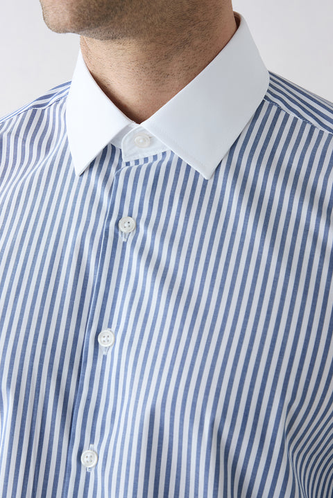 Dark Blue Long Sleeve Regular Fit Half Italian Collar Contrast White Collar Striped Cotton Easy Iron Shirt
