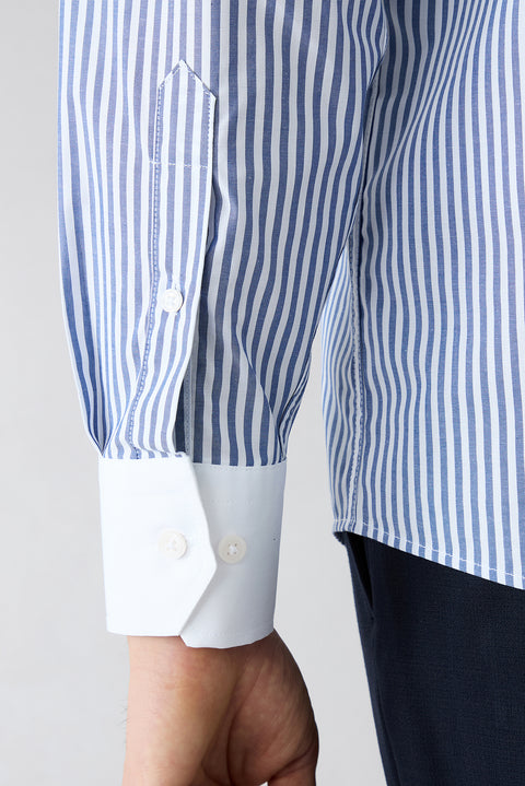 Dark Blue Long Sleeve Regular Fit Half Italian Collar Contrast White Collar Striped Cotton Easy Iron Shirt