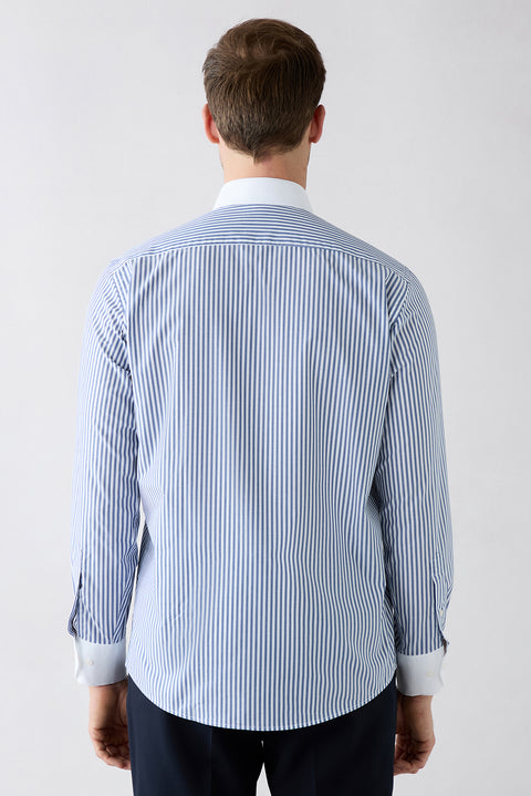 Dark Blue Long Sleeve Regular Fit Half Italian Collar Contrast White Collar Striped Cotton Easy Iron Shirt
