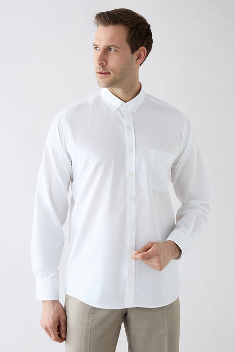 White Long Sleeve Regular Fit Button-Down Embroidered Pocket Cotton Shirt