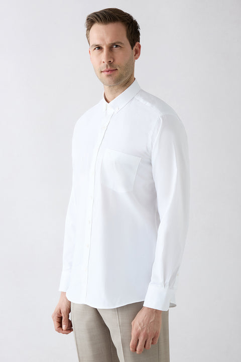 White Long Sleeve Regular Fit Button-Down Embroidered Pocket Cotton Shirt