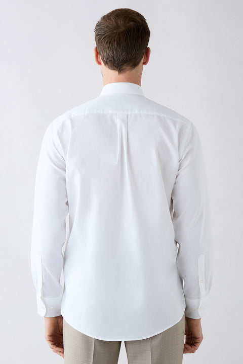 White Long Sleeve Regular Fit Button-Down Embroidered Pocket Cotton Shirt