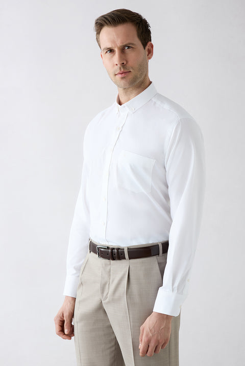 White Long Sleeve Regular Fit Button-Down Embroidered Pocket Cotton Shirt