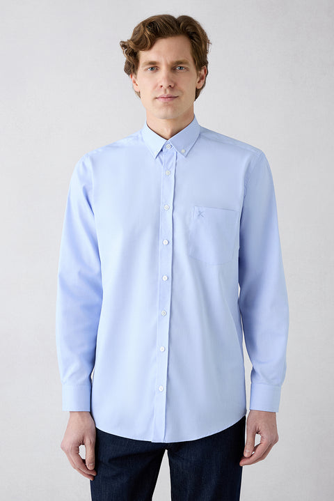 Mavi Uzun Kol Regular Fit Pamuklu Non Iron Ütü Gerektirmeyen Düğmeli Yaka Cepli Nakışlı Gömlek