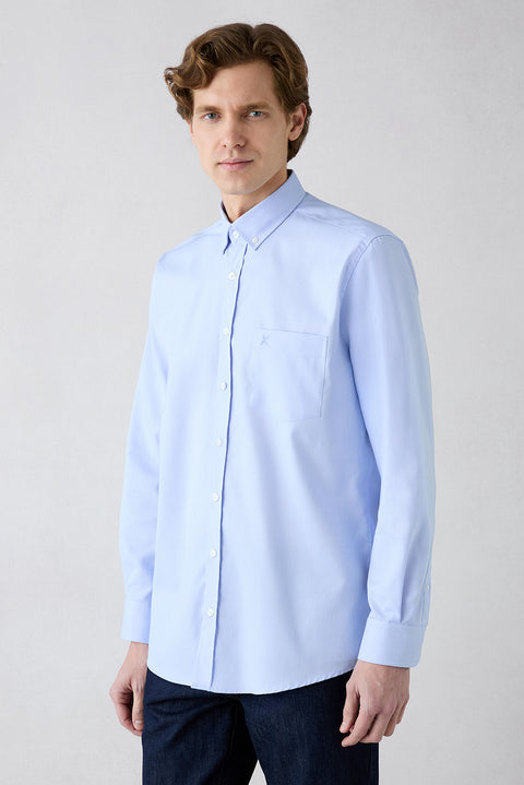 Mavi Uzun Kol Regular Fit Pamuklu Non Iron Ütü Gerektirmeyen Düğmeli Yaka Cepli Nakışlı Gömlek