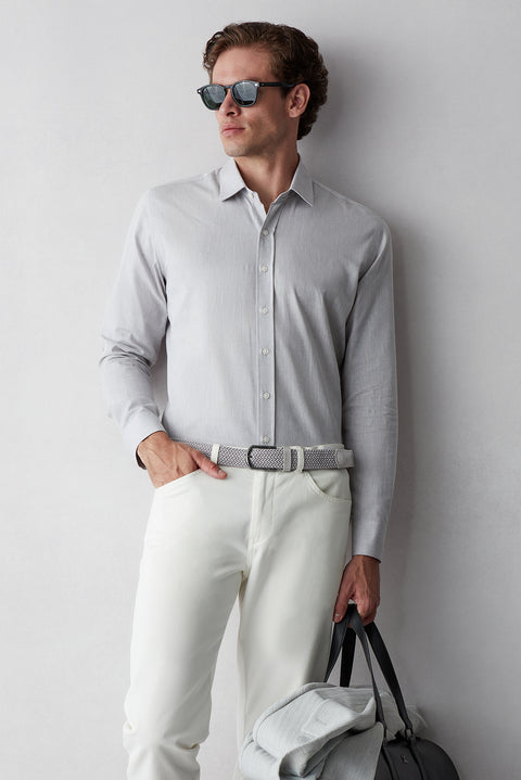 Medium Grey Long Sleeve Slim Fit Cotton Plain Shirt