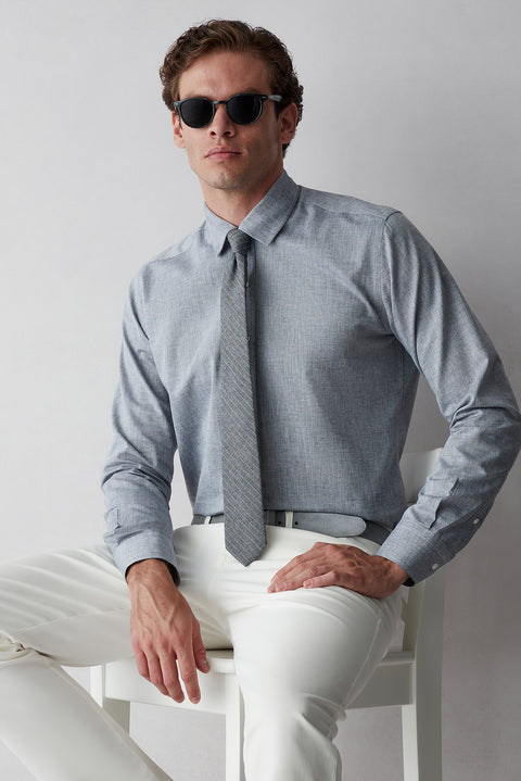 Dark Navy Long Sleeve Slim Fit Cotton Plain Shirt