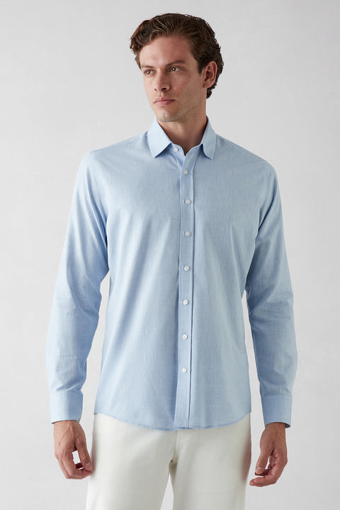 Blue Long Sleeve Slim Fit Cotton Plain Shirt