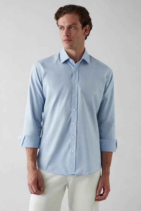 Blue Long Sleeve Slim Fit Cotton Plain Shirt