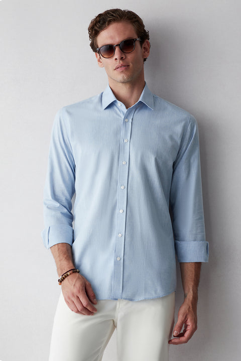 Blue Long Sleeve Slim Fit Cotton Plain Shirt