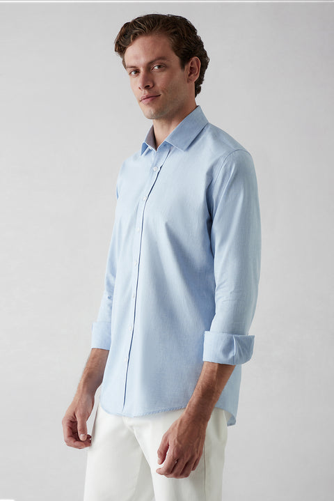 Blue Long Sleeve Slim Fit Cotton Plain Shirt