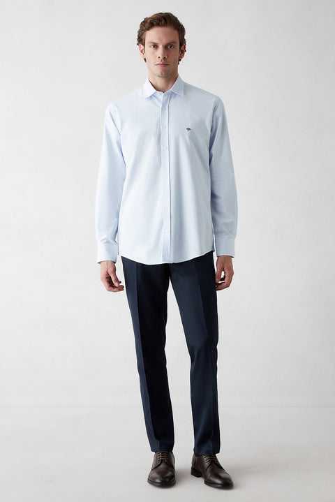 Light Blue Long Sleeve Regular Fit Striped Cotton Shirt