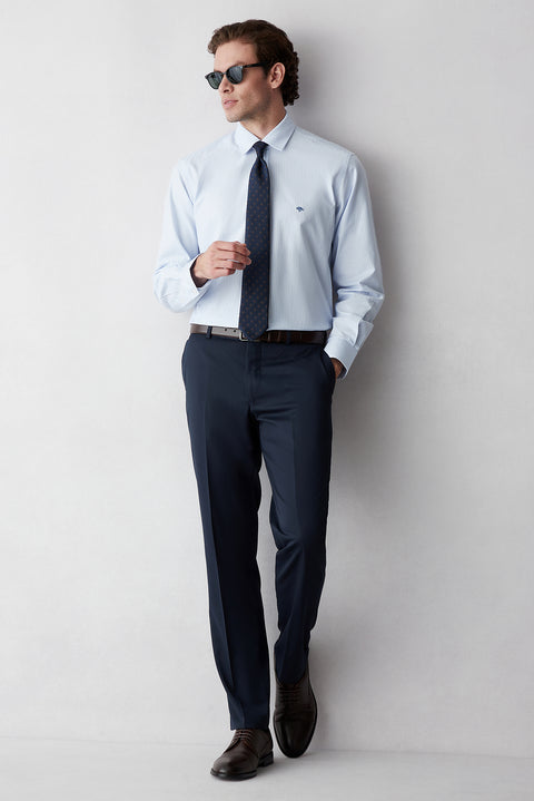 Light Blue Long Sleeve Regular Fit Striped Cotton Shirt