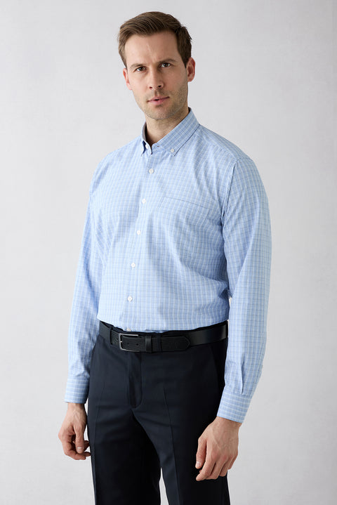 Blue Long Sleeve Slim Fit Plaid Cotton Easy Iron Shirt