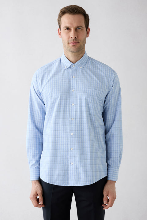 Blue Long Sleeve Slim Fit Plaid Cotton Easy Iron Shirt