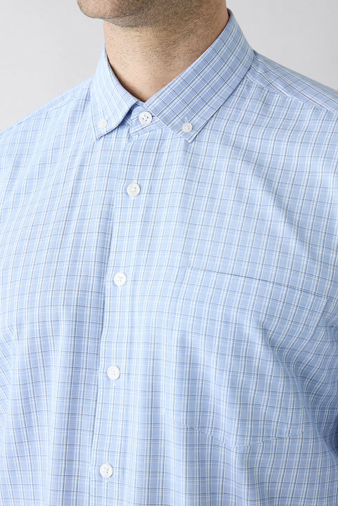 Blue Long Sleeve Slim Fit Plaid Cotton Easy Iron Shirt