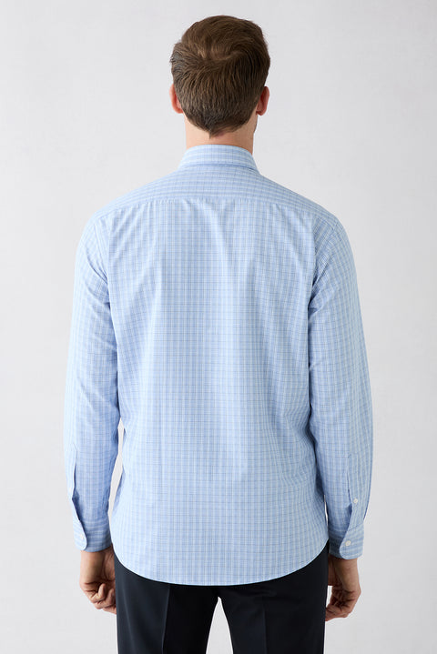 Blue Long Sleeve Slim Fit Plaid Cotton Easy Iron Shirt