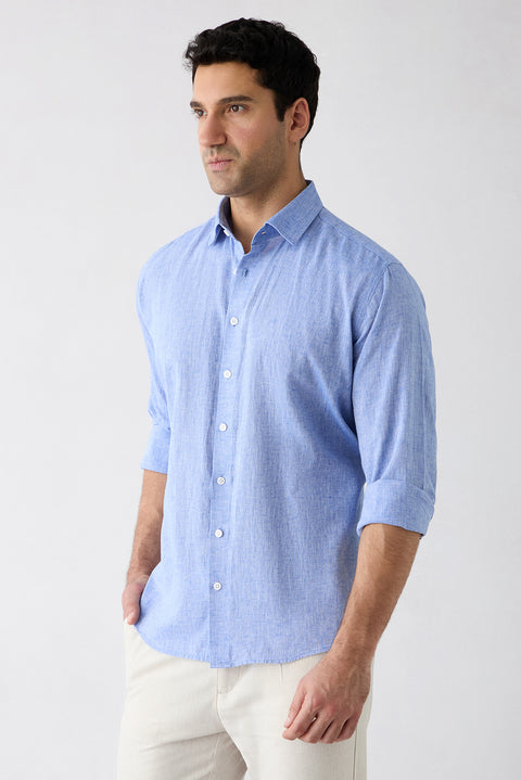 Light Blue Long Sleeve Regular Fit Classic Collar Cotton Linen Shirt