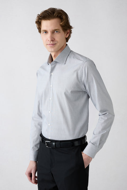 Dark Charcoal Long Sleeve Classic Italian Collar Striped Slim Fit Breathable Cotton Shirt
