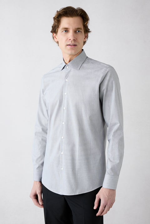 Dark Charcoal Long Sleeve Classic Italian Collar Striped Slim Fit Breathable Cotton Shirt
