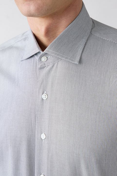 Dark Charcoal Long Sleeve Classic Italian Collar Striped Slim Fit Breathable Cotton Shirt