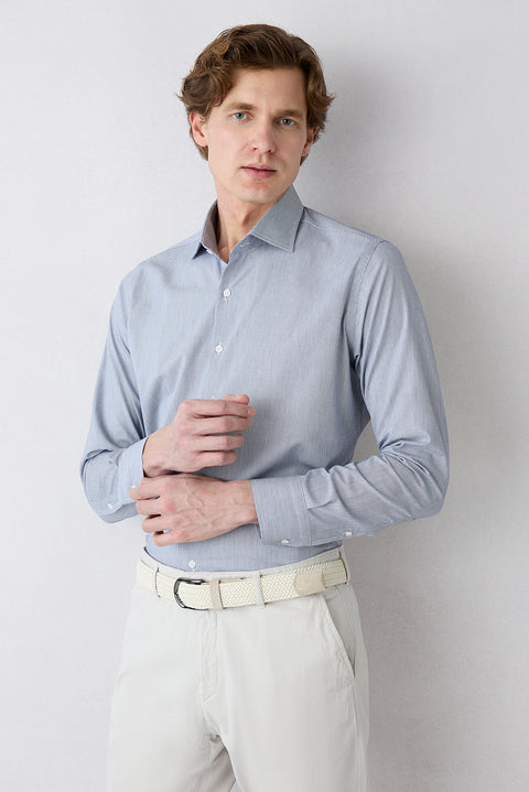 Dark Navy Blue Long Sleeve Classic Italian Collar Striped Slim Fit Breathable Cotton Shirt