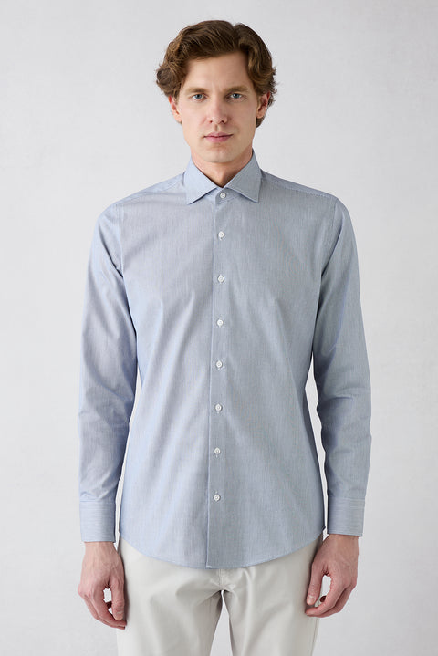 Dark Navy Blue Long Sleeve Classic Italian Collar Striped Slim Fit Breathable Cotton Shirt