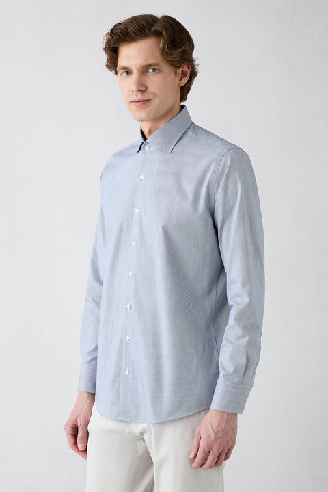 Dark Navy Blue Long Sleeve Classic Italian Collar Striped Slim Fit Breathable Cotton Shirt
