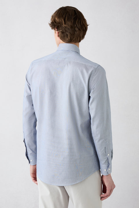 Dark Navy Blue Long Sleeve Classic Italian Collar Striped Slim Fit Breathable Cotton Shirt