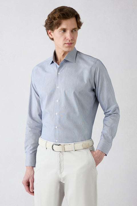 Dark Navy Blue Long Sleeve Classic Italian Collar Striped Slim Fit Breathable Cotton Shirt