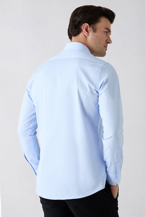 Mavi Uzun Kol Klasik İtalyan Yaka Çizgili Slim Fit Dar Kesim Nefes Alabilen Pamuk Gömlek