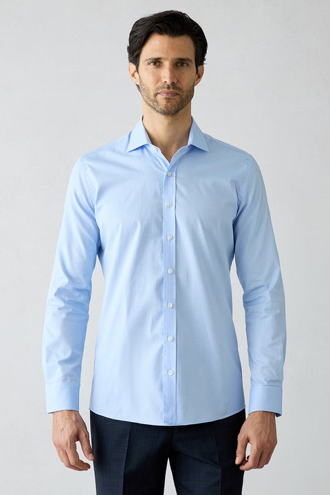 Blue Long Sleeve Slim Fit Half Italian Collar Cotton Shirt