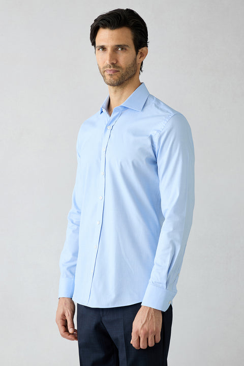Blue Long Sleeve Slim Fit Half Italian Collar Cotton Shirt