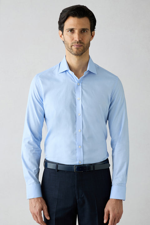 Blue Long Sleeve Slim Fit Half Italian Collar Cotton Shirt