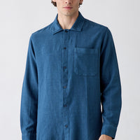 Mid-Navy Long Sleeve Regular Fit Striped Linen Blend Shirt