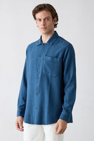  Orta Lacivert Uzun Kol Regular Fit Cepli Çizgili Keten Karışımlı Denim Gömlek