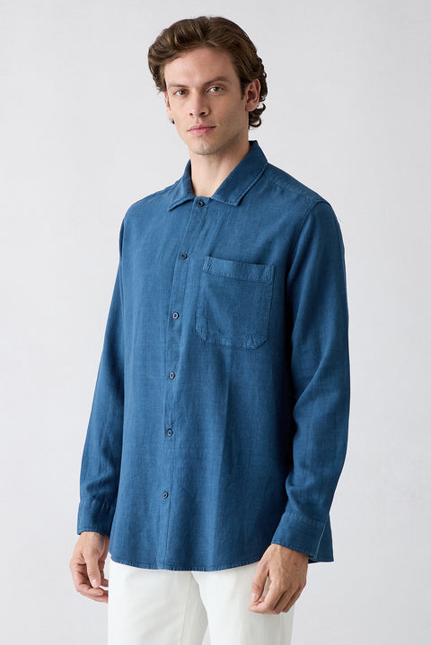 Mid-Navy Long Sleeve Regular Fit Striped Linen Blend Shirt