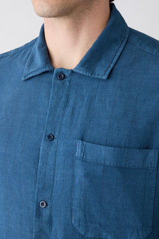  Orta Lacivert Uzun Kol Regular Fit Cepli Çizgili Keten Karışımlı Denim Gömlek
