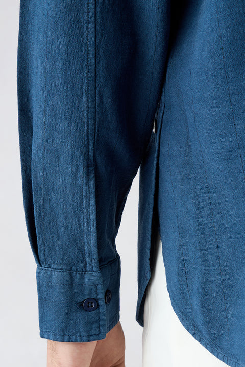Mid-Navy Long Sleeve Regular Fit Striped Linen Blend Shirt