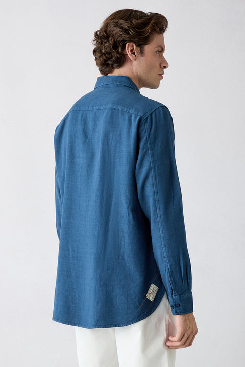 Mid-Navy Long Sleeve Regular Fit Striped Linen Blend Shirt