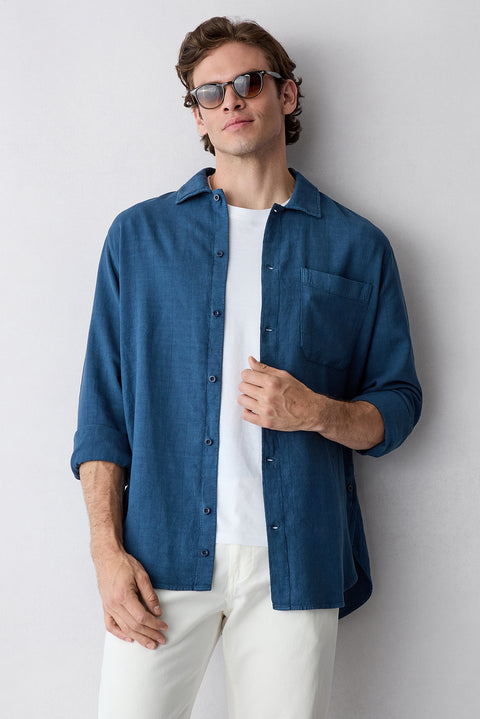 Mid-Navy Long Sleeve Regular Fit Striped Linen Blend Shirt