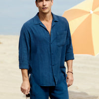 Dark Navy Long Sleeve Regular Fit Zip-Up Striped Linen Shirt
