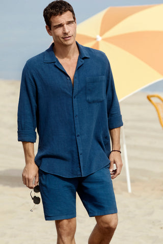  Koyu Lacivert Uzun Kol Regular Fit Cepli Çizgili Keten Karışımlı Denim Gömlek