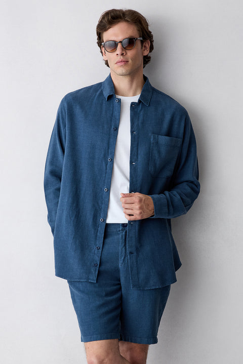 Dark Navy Long Sleeve Regular Fit Zip-Up Striped Linen Shirt