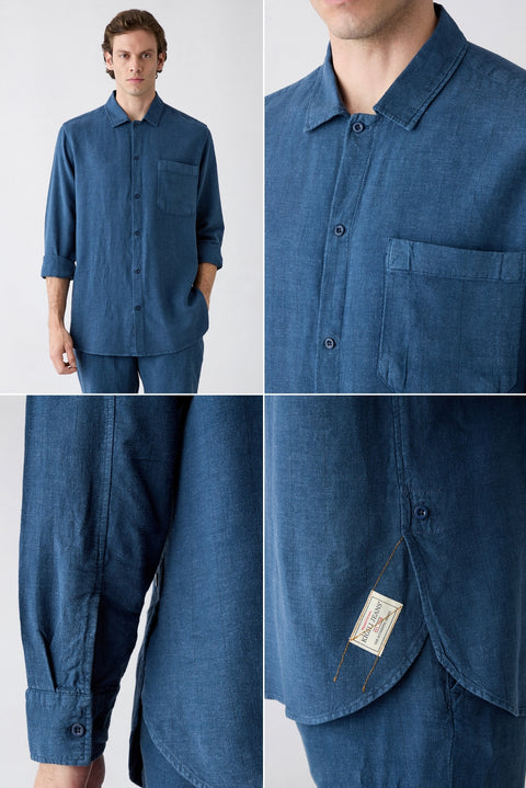 Dark Navy Long Sleeve Regular Fit Zip-Up Striped Linen Shirt