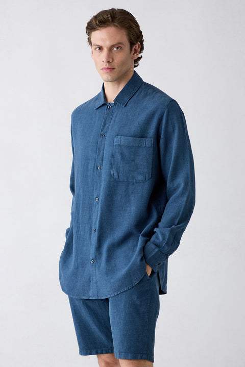 Dark Navy Long Sleeve Regular Fit Zip-Up Striped Linen Shirt