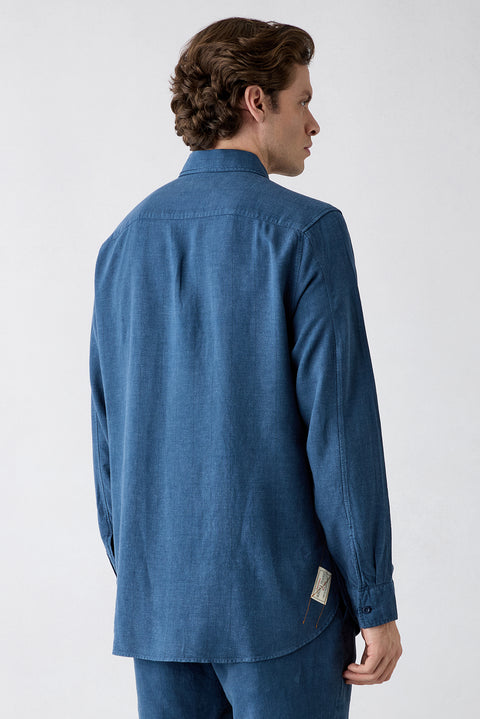Dark Navy Long Sleeve Regular Fit Zip-Up Striped Linen Shirt