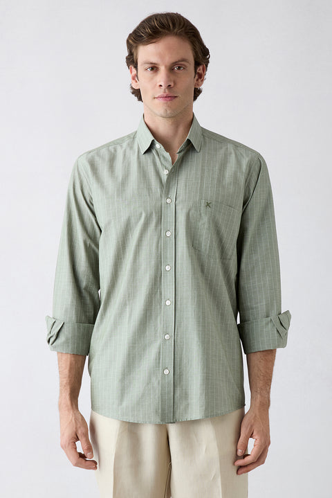 Light Green Long Sleeve Regular Fit Cotton Striped Shirt