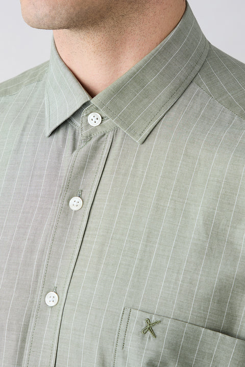 Light Green Long Sleeve Regular Fit Cotton Striped Shirt